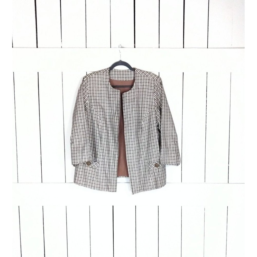 Vintage tweed houndstooth box cut short blazer jacket